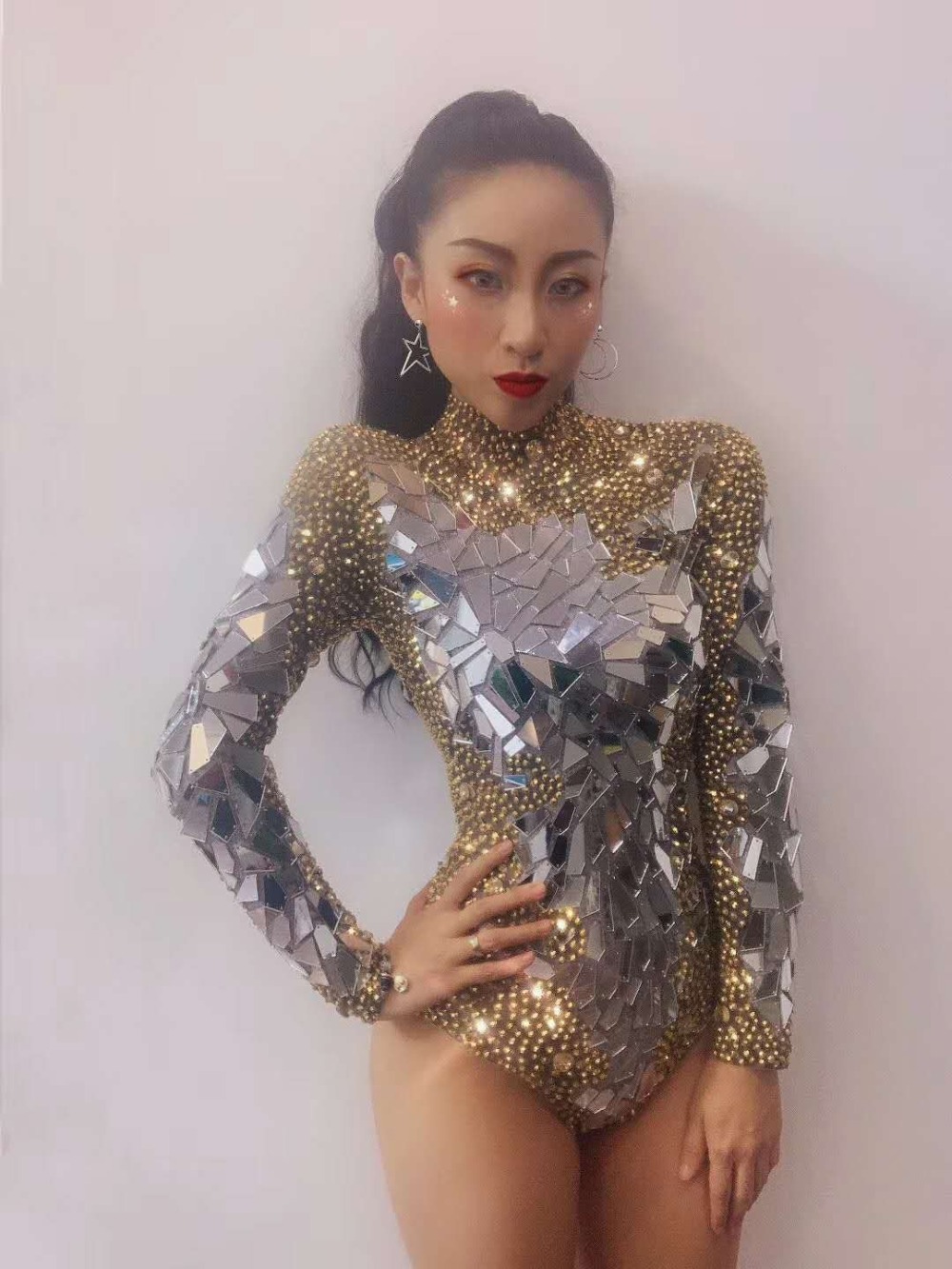 ผู้หญิงRhinestonesบอดี้สูทแขนยาวLeotard Poleเต้นรำCatsuit Jumpsuitยืดไนท์คลับDjเครื่องแต่งกายนักร้อง