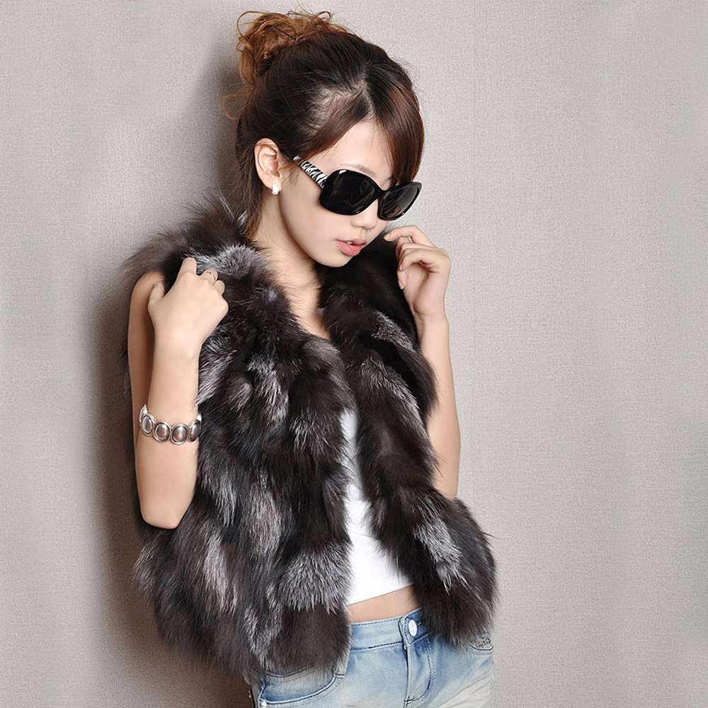 冬の女性のリアルスライバーフォックスファーベストショートスタイル暖かい 100% 天然リアルスライバーフォックスファージレスライバーフォックスファーノースリーブジャケット