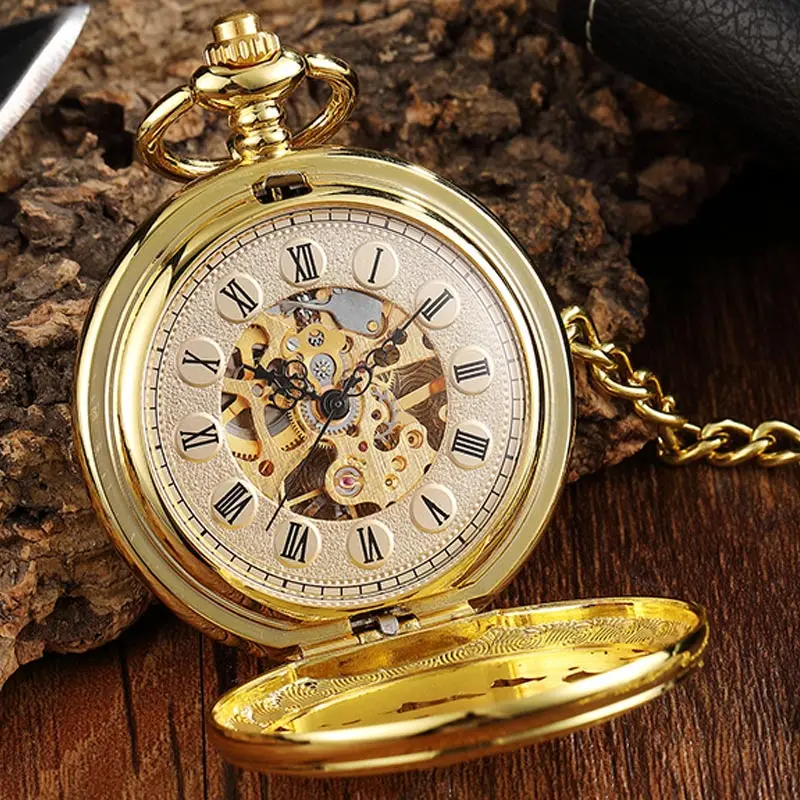 Reloj de bolsillo mecánico con patrón de ciervo dorado para hombre y mujer, pulsera Vintage de doble cara Steampunk Fob, cadena de reloj