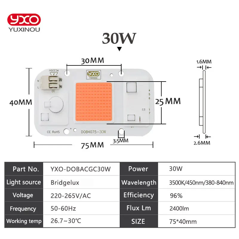 Hydroponice DOB AC LED COB Chip Cho Phát Triển Vật Có Ánh Sáng Suốt AC 220 V 20 W 30 W 50 W Cho Trong Nhà Vật Có Cây Con Phát Triển Hoa
