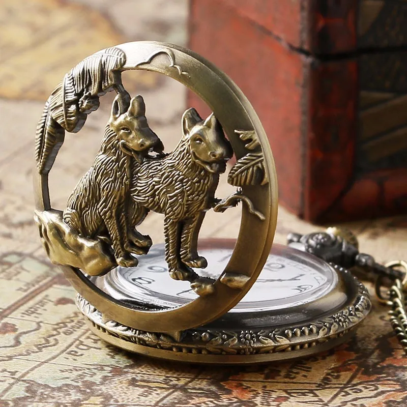 Orologio da taschino Fob al quarzo cavo classico vintage in bronzo con cane lupo con collana a catena, orologio con ciondolo fresco, regalo per donne e uomini