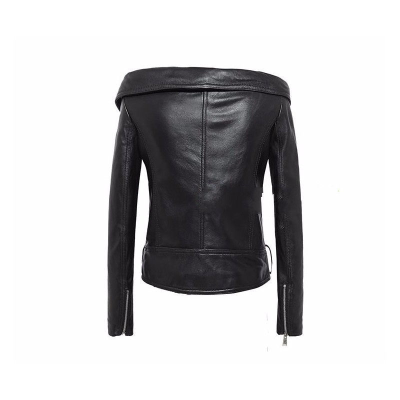 ฤดูใบไม้ผลิใหม่ผู้หญิงเซ็กซี่ปิดไหล่สั้น Sheepskin ของแท้หนัง SLIM FIT Punk Coat รถจักรยานยนต์จริงหนังแจ็คเก็ต 2XL