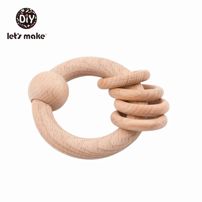 Let's make-ブナ材の歯が生えるリング,赤ちゃんのおもちゃ,ガラガラ,木製のゴム製のベッドベル,ラテックスフリー,4〜6か月の子供向けの教育用歯が生えるリング,1個