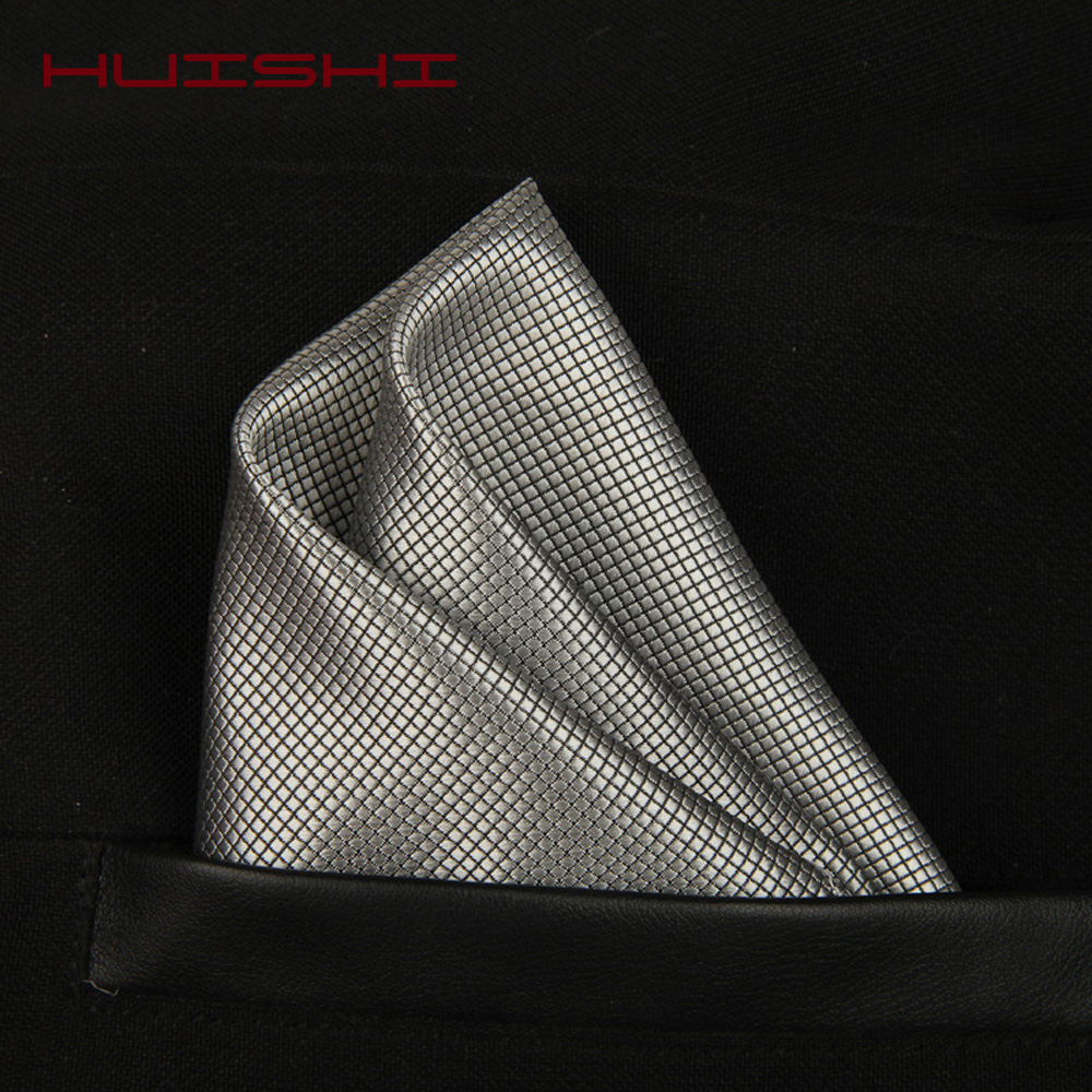 HUISHI Solid Pocket Square สำหรับผู้ชายตรวจสอบตารางผ้าเช็ดหน้าอุปกรณ์เสริมโพลีเอสเตอร์ Hanky สีทึบผ้าขนหนู Mouchoir สีดำสีขาว