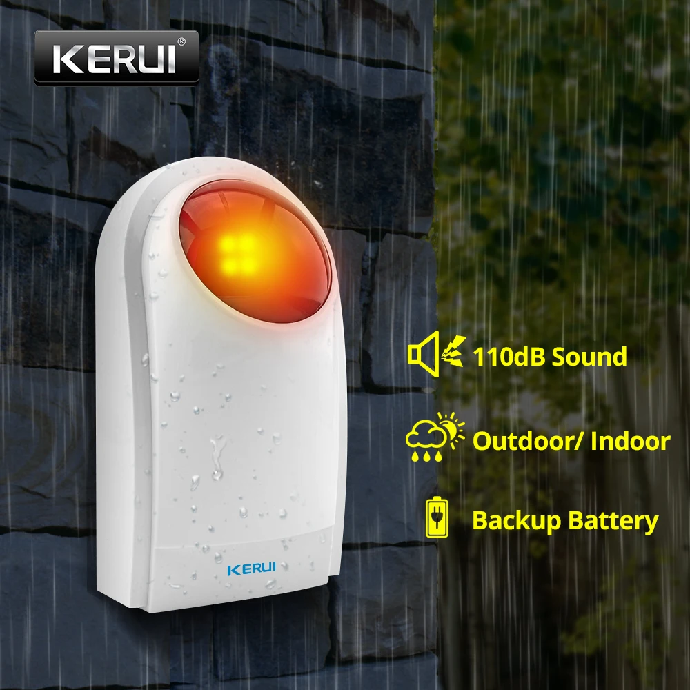 KERUI-sirena de Flash estroboscópica inalámbrica para exteriores, resistente al agua, con sonido de alarma de 120db y iluminación de Flash roja, batería de respaldo