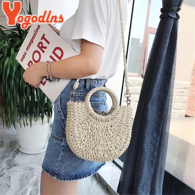 Yogodlns Borsa a tracolla intrecciata in rattan semicircolare fatta a mano Borse a tracolla a tracolla da donna estive Borsa da spiaggia piccola per ragazze Novità
