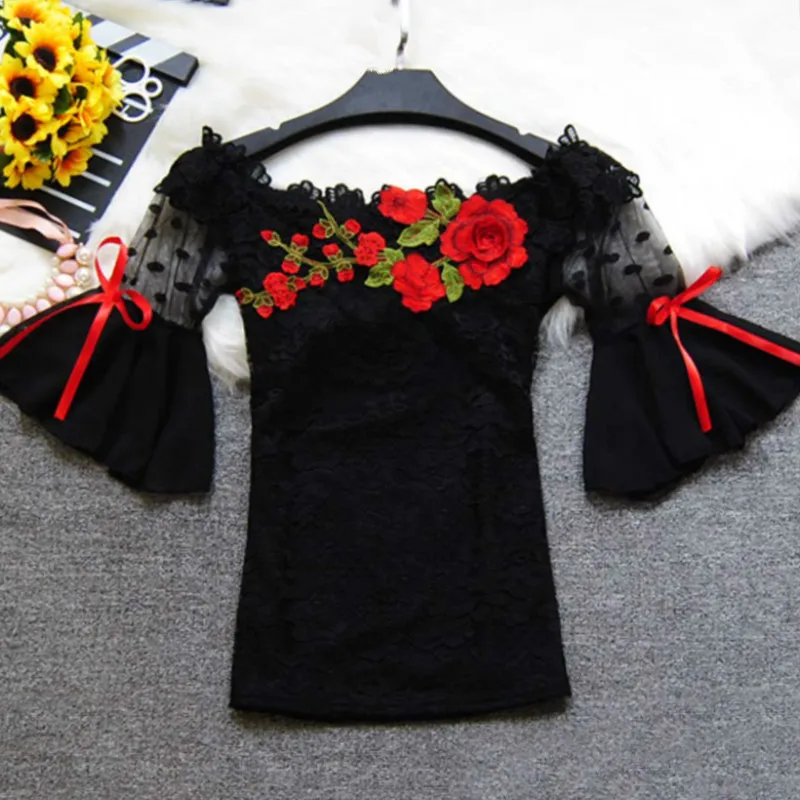 Blusa feminina de verão com laço floral, camisa bordada de renda, manga curta, blusas de malha com pescoço slash para mulheres a837, 2018