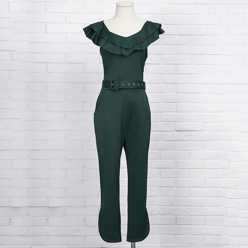 Phụ nữ Ruffle Tắt Shoulder Jumpsuit Màu Đỏ Màu Xanh Lá Cây Playsuit Rộng Chân Quần Dài Vành Đai Quần Romper Quần