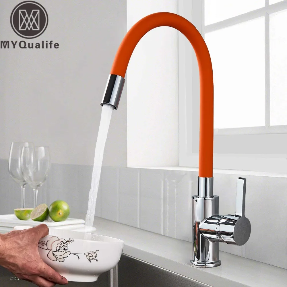 ท่อสีส้มยืดหยุ่นคอก๊อกน้ําอ่างล้างจาน Chrome Universal ท่อร้อนเย็น KITCHEN Mixer TAP Deck ติดตั้งห้องน้ํา KITCHEN TAP