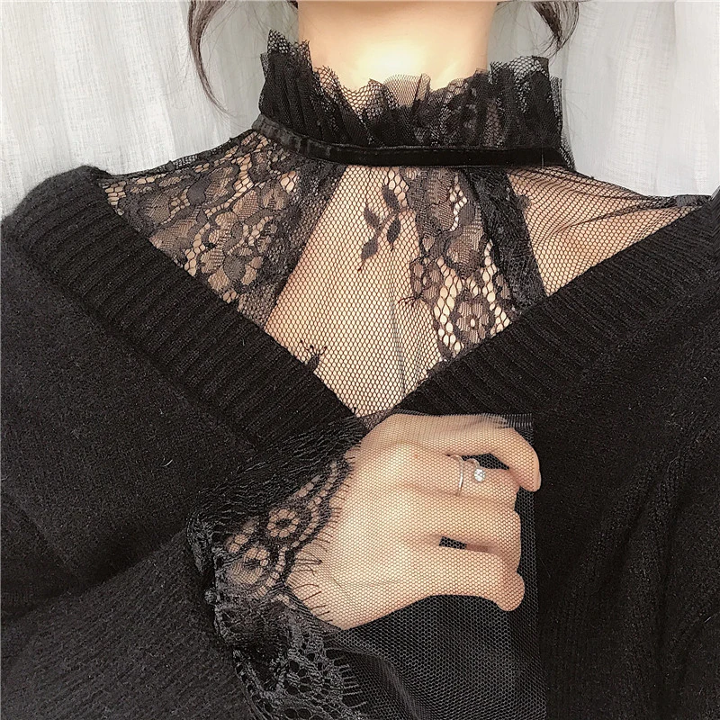 Gowyimmes 봄 사랑스러운 소녀 꽃 레이스 셔츠, 섹시한 여성 할로우 아웃 메쉬 블라우스, 레이디 긴 소매 블라우스, 기본 상의 풀오버 228