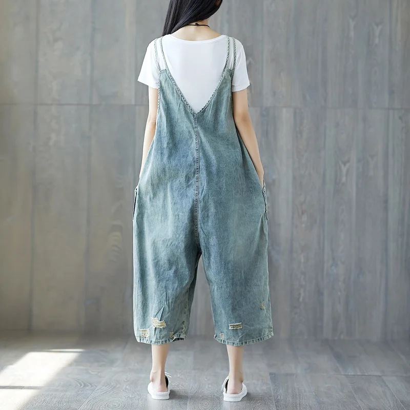 Phụ Nữ Mỏng Bộ Áo Liền Quần 2018 Tẩy Trắng Rách Ống Rộng Yếm Denim Áo Liền Quần Size Lớn Thả Đáy Quần Rompers Bắp Chân-Chiều Dài quần YT611