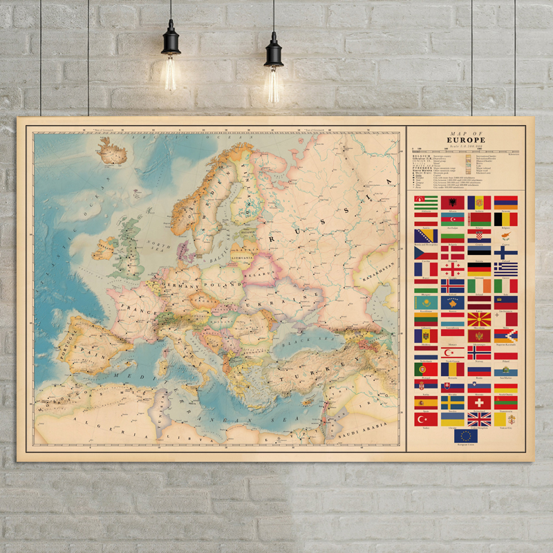 Tamaño de póster de mapa de Europa, decoración de pared, mapa grande de Europa, 80x53cm, lona impermeable