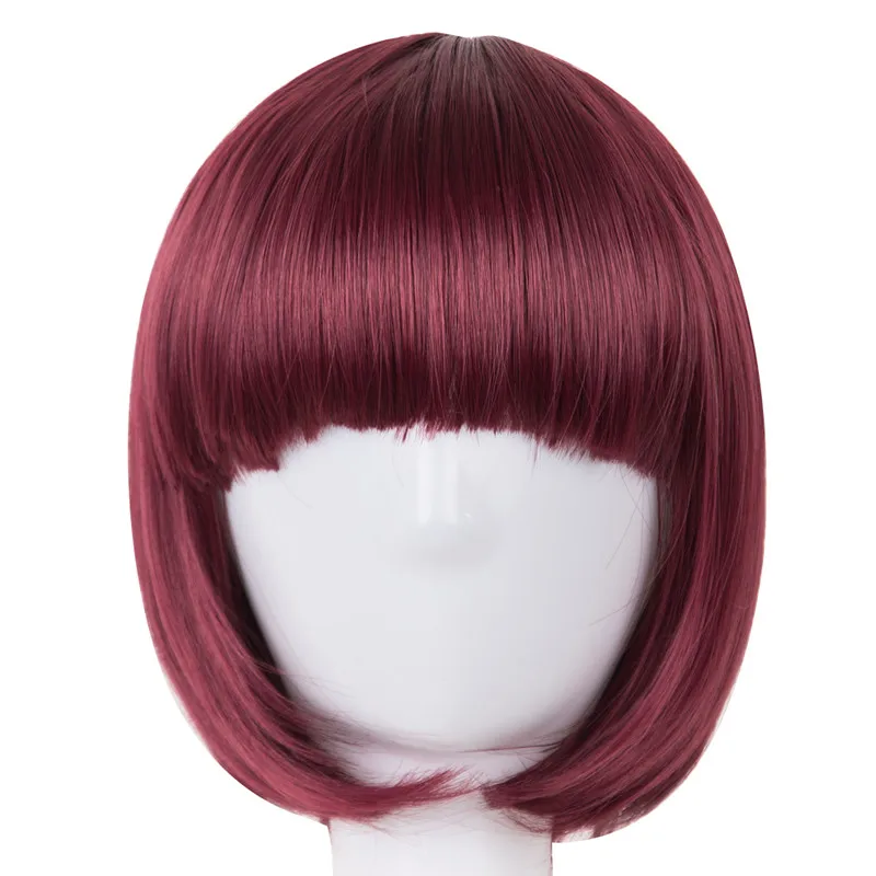 Tóc ngắn Fei-Show Tổng Hợp Nhiệt Sợi Kháng Đen Bob Wig Với Flat Bangs Hiện Đại Cho Thấy Cosplay Lễ Hội Halloween tóc giả