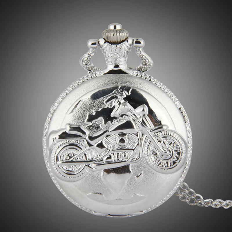 Neue Silber Farbe Taschenuhr Motorräder Muster Relogio De Bolso Quarz Uhr mit Halskette Quarz Uhr masculino relogio