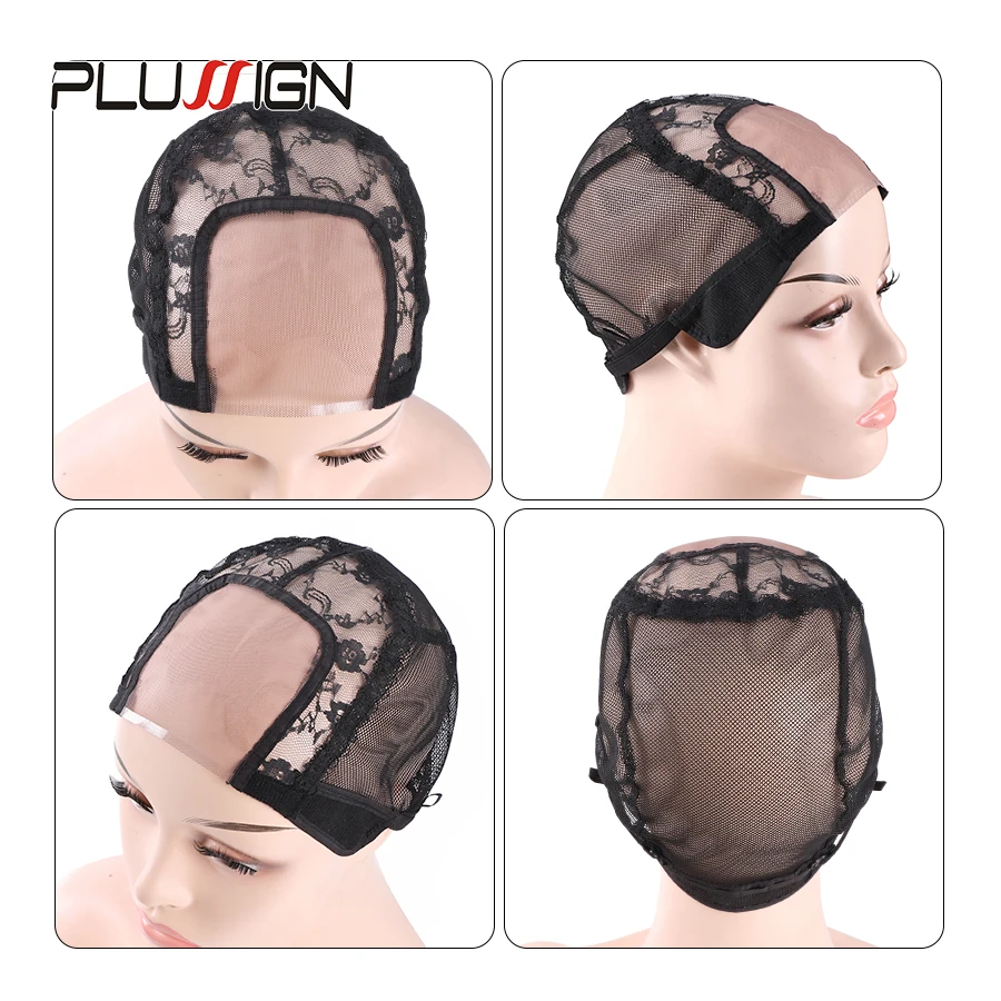 Plussign U parte gorra de peluca de encaje suizo, gorros de peluca de redecilla negra para hacer pelucas, gorro tejido con correa ajustable, herramientas para hacer peluca