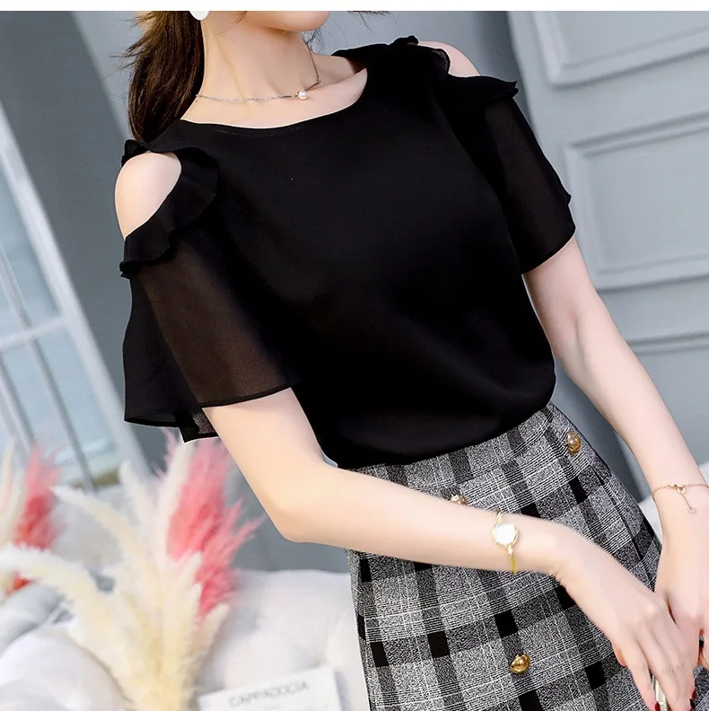 Châu Âu Mỹ Áo Sơ Mi Voan Nữ Size Lớn Mùa Hè Nguyên Chất Màu Áo Quần Áo Xù Lông Nữ Tay Ngắn Nữ Công Sở Cao Cấp H9054