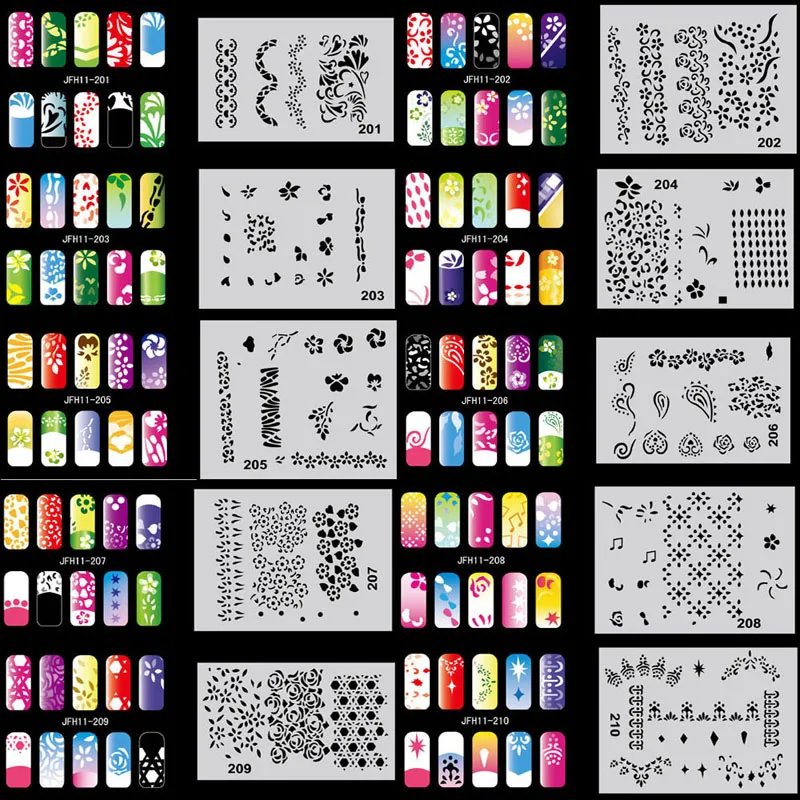 OPHIR 200 Designs Airbrush Nail Art Stencil 20 Template Sheets Kit Air Brush Paint Fashion Nail Stickers Nails Tools_JFH11