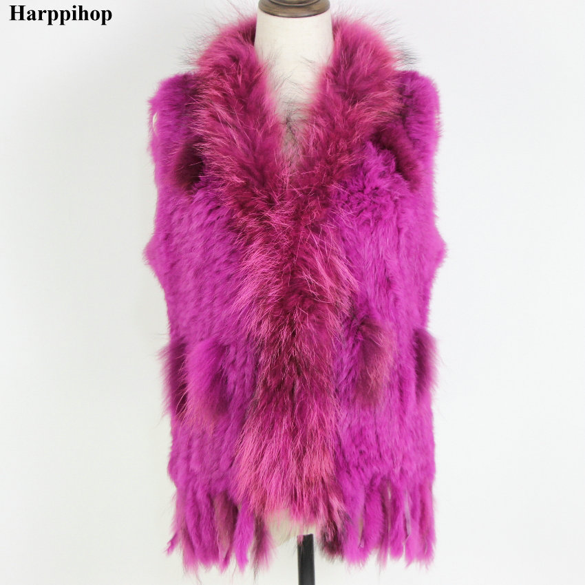 Harppihop Free shipping womens natural real rabbit fur vest with raccoon fur collar waistcoat/jackets rex rabbit knitted winte