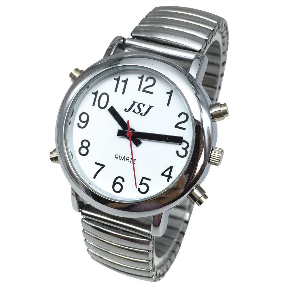 English Talking Watch with Alarm, White Dial, Silver Frame, Expansion Band
