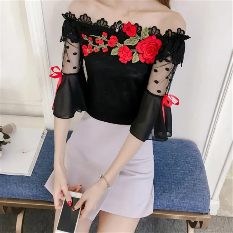 Blusa feminina de verão com laço floral, camisa bordada de renda, manga curta, blusas de malha com pescoço slash para mulheres a837, 2018