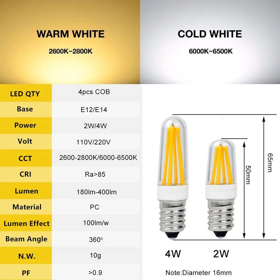 Ultra Bright E12 E14 Led Lamp AC220V 110V 2W 4W Filament Light 360 Degree LED Bulb Replace Halogen 40W Chandelier Lights