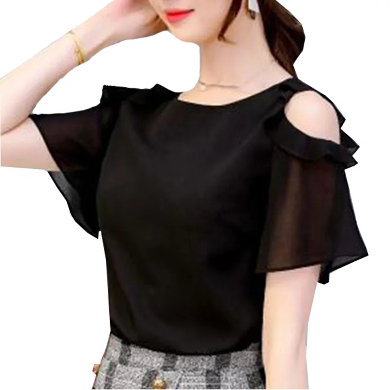 Châu Âu Mỹ Áo Sơ Mi Voan Nữ Size Lớn Mùa Hè Nguyên Chất Màu Áo Quần Áo Xù Lông Nữ Tay Ngắn Nữ Công Sở Cao Cấp H9054