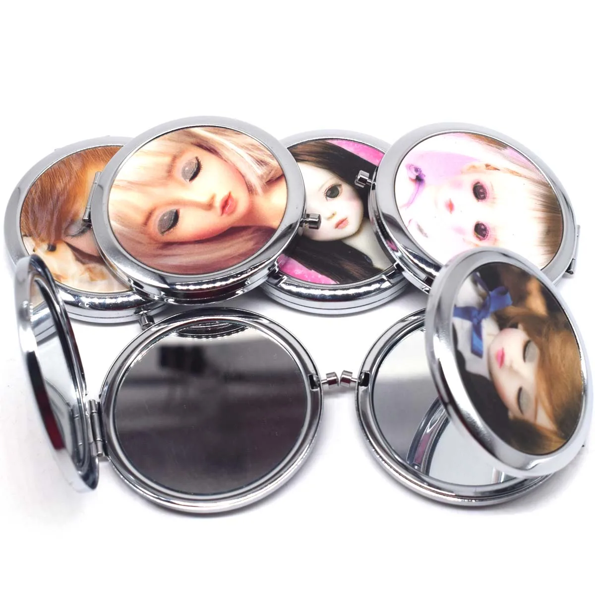 Búp Bê Gương Trang Điểm Mini Bỏ Túi Đựng Mỹ Phẩm Nhỏ Gọn Di Động Gương Kép Mặt Thép Không Gỉ Đựng Mỹ Phẩm Trang Điểm Gương