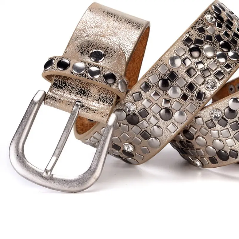 BOKADIAO Thắt lưng nữ Punk Pin khóa Vintage hình học Đinh Tán nữ sang trọng ban đầu của thắt lưng da cho người phụ nữ dây thắt lưng nữ dây