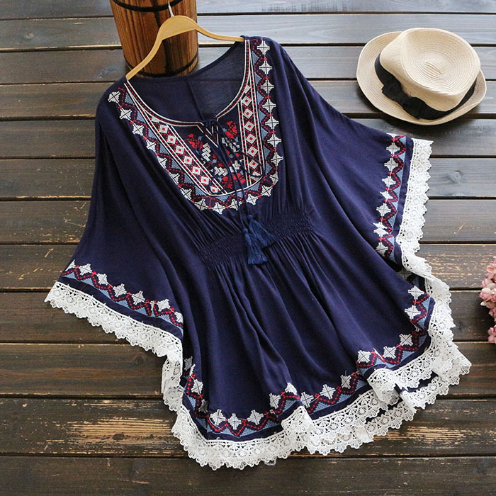 Camisas bordadas estilo boho retrô, blusas femininas de verão, manto solto, algodão, bainha de renda, manga morcego, camisa quimono