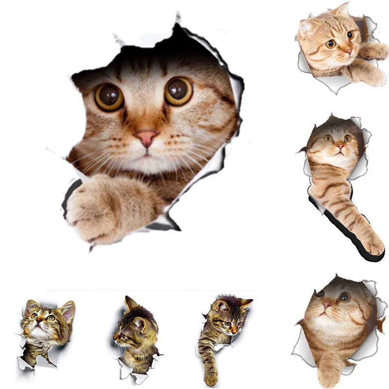 Mèo 3D Decal Dán Tường Vệ Sinh Miếng Dán Lỗ Quan Điểm Sống Động Chó Nhà Tắm Trang Trí Nhà Động Vật Vinyl Decal Nghệ Thuật Giấy Dán Tường Poster