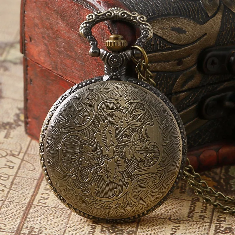 Orologio da taschino Fob al quarzo cavo classico vintage in bronzo con cane lupo con collana a catena, orologio con ciondolo fresco, regalo per donne e uomini