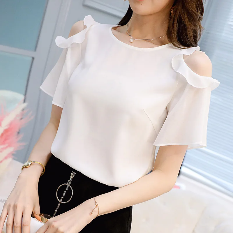 Châu Âu Mỹ Áo Sơ Mi Voan Nữ Size Lớn Mùa Hè Nguyên Chất Màu Áo Quần Áo Xù Lông Nữ Tay Ngắn Nữ Công Sở Cao Cấp H9054