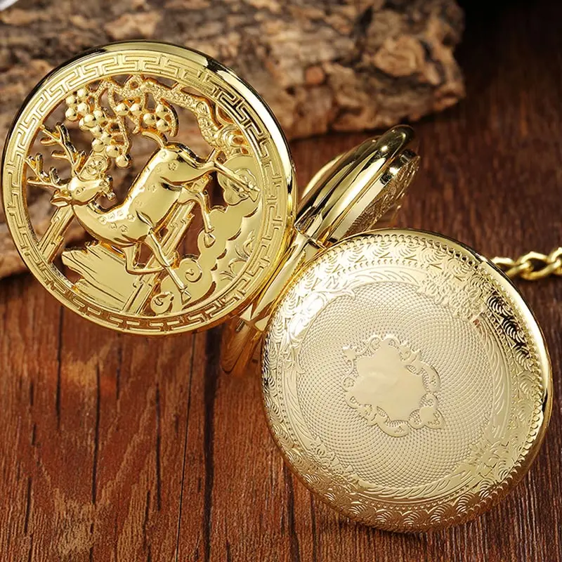 Reloj de bolsillo mecánico con patrón de ciervo dorado para hombre y mujer, pulsera Vintage de doble cara Steampunk Fob, cadena de reloj