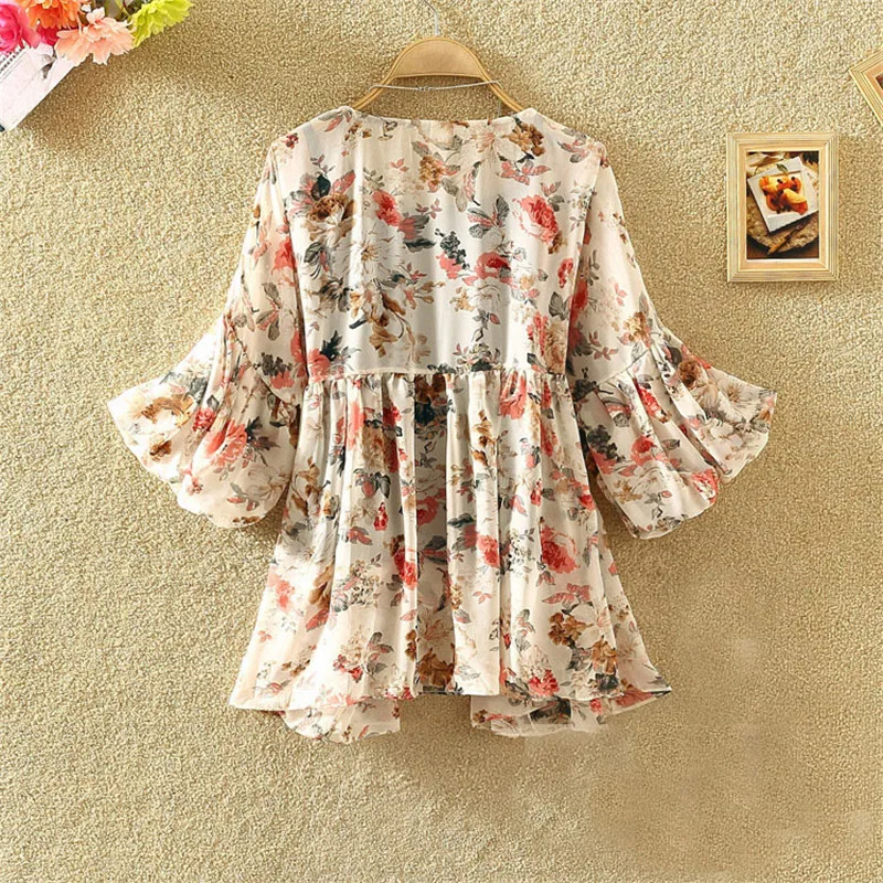 女性花柄ブラウスカジュアル V ネックシフォンブラウスランタンスリーブフリルシャツ不規則な Blusas トップスプラスサイズ A1338