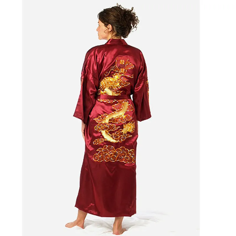 ネイビーブルー中国メンズサテンシルクローブ刺繍着物バスガウンドラゴンサイズ SML XL XXL XXXL S0008