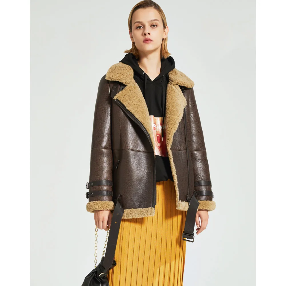 Denny&Dora Damen B3 Retro Lammfelljacke Damen Kurze Motorradjacke Damen Winter verdickte Leder warme Jacke