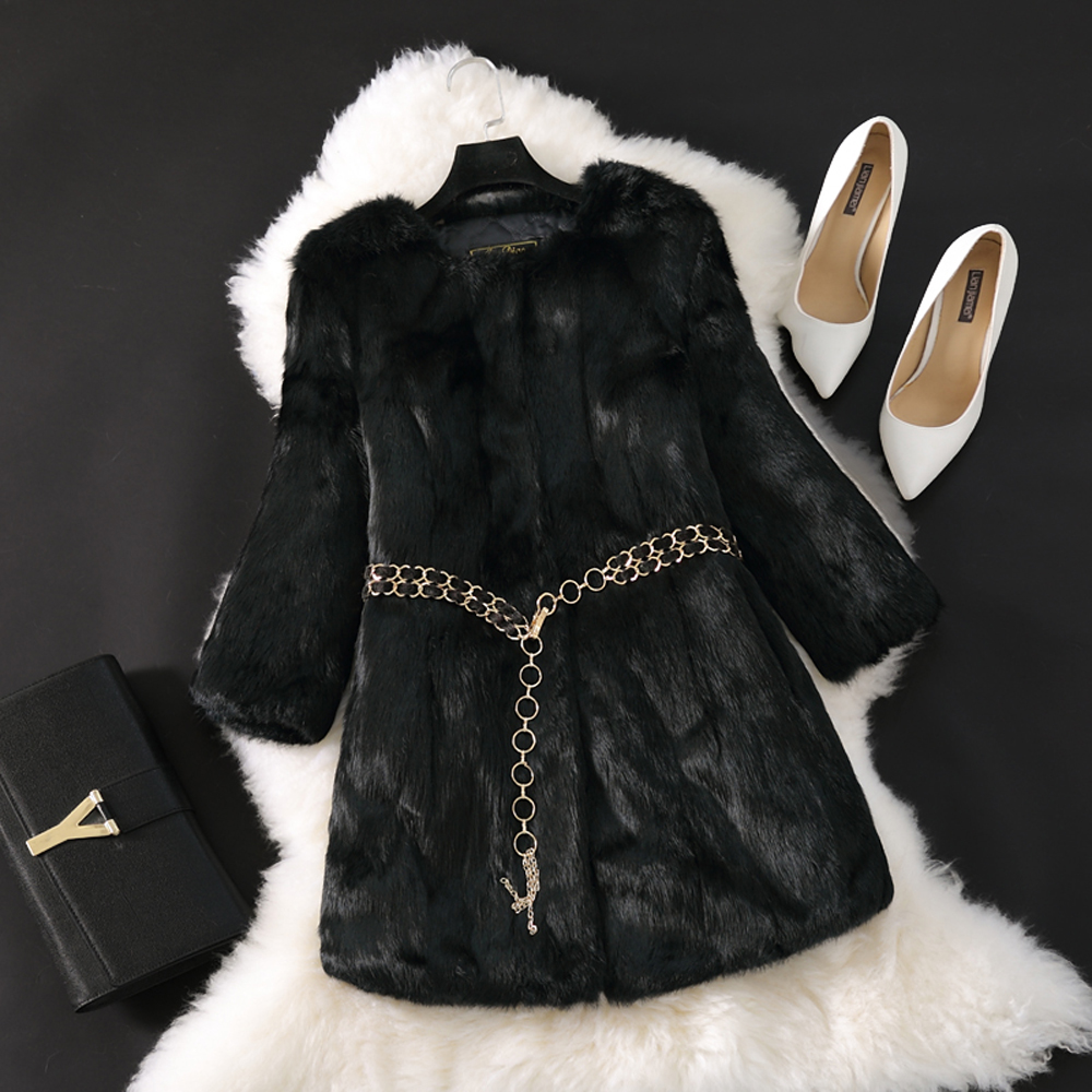 New Natural Real Rabbit Fur Long Coat Winter Real Rabbit Fur Jacket Korean Female Three Quarter Sleeve Soft Real Fur Coats