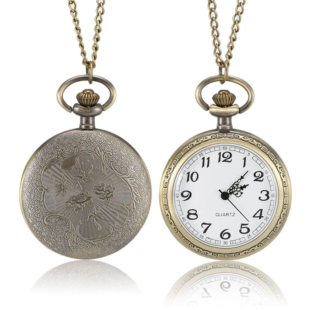 1 Pcs Männer Frauen Bronze Quarz Taschenuhr Geschnitzte Fall mit Kette vintage interessant geburtstag vatertag vorhanden