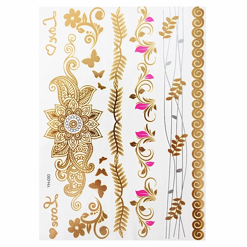 1 แผ่นแฟลช Boho Metallic Gold Feathers Shimmering เครื่องประดับเทศกาลรอยสักชั่วคราว