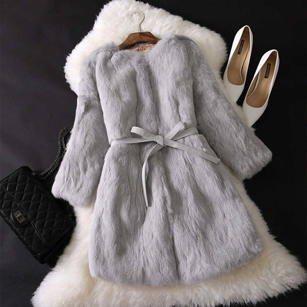 New Natural Real Rabbit Fur Long Coat Winter Real Rabbit Fur Jacket Korean Female Three Quarter Sleeve Soft Real Fur Coats
