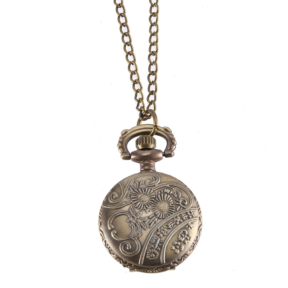 Vintage-Taschenuhr, bronzefarben, Quarzuhr, coole Kette, hohle kleine Blumenabdeckung, Uhren, Trompete, 6-Blatt-Blumentasche, Geschenk