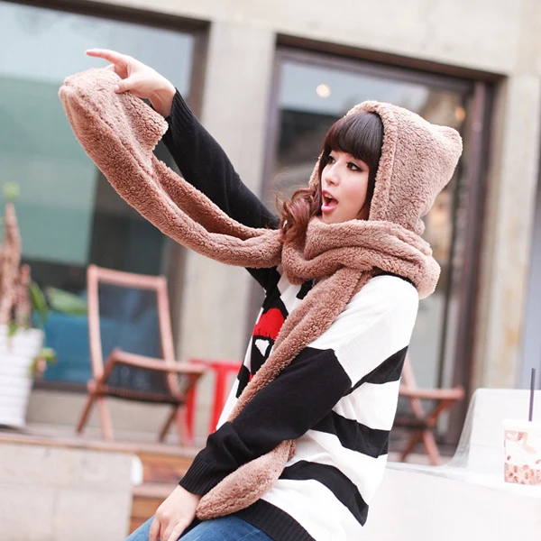 2024 nova moda inverno quente feminino luvas com capuz bolso earflap chapéu longo cachecol xale snood envolve conjuntos de cachecóis de inverno para mulher