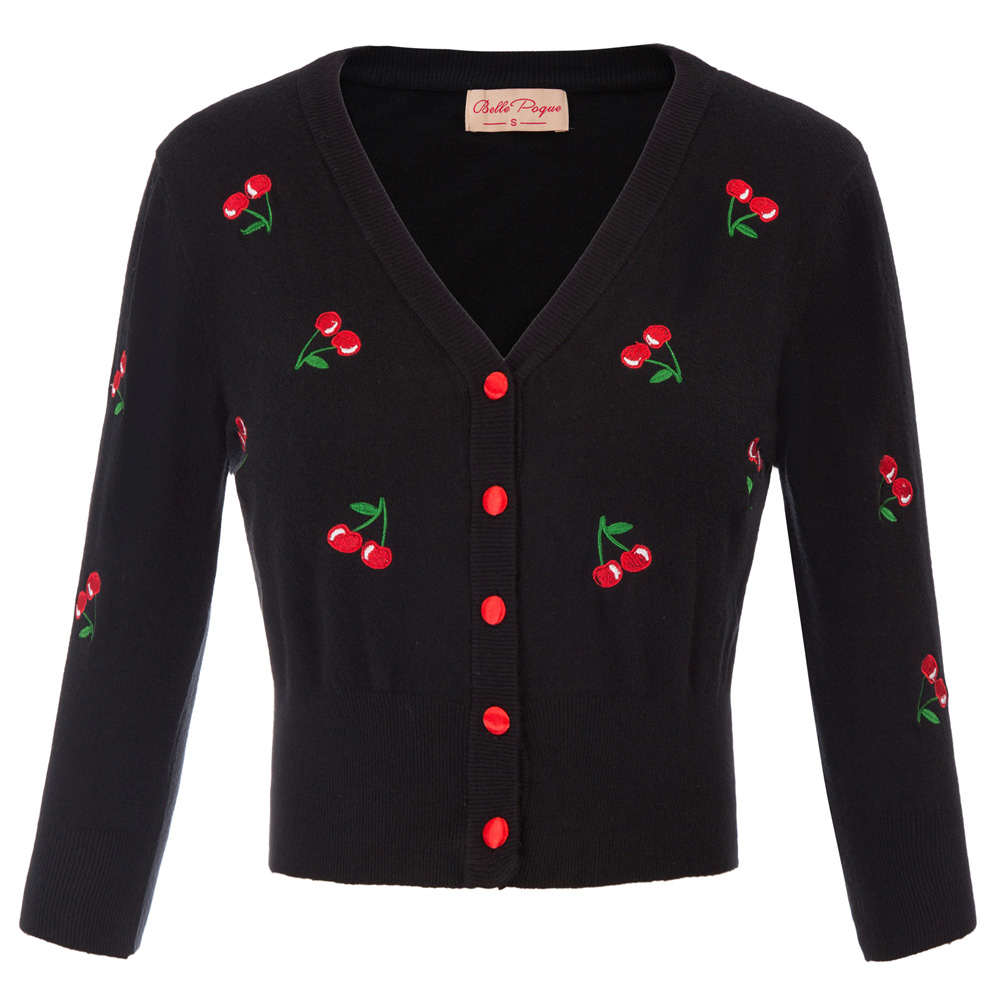Belle Poque Damen Jacken Strickjacken Tops Herbst Frühling Kirschen Stickerei Pullover 3/4 Ärmel V-Ausschnitt abgeschnitten Strickmäntel Strickwaren