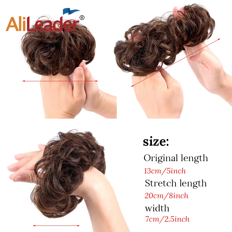 Moño de pelo rizado, moño de pelo sintético, bandas elásticas, cola de caballo, extensión de cabello rizado, pelo corto, cola de caballo de Donut desordenada para mujer