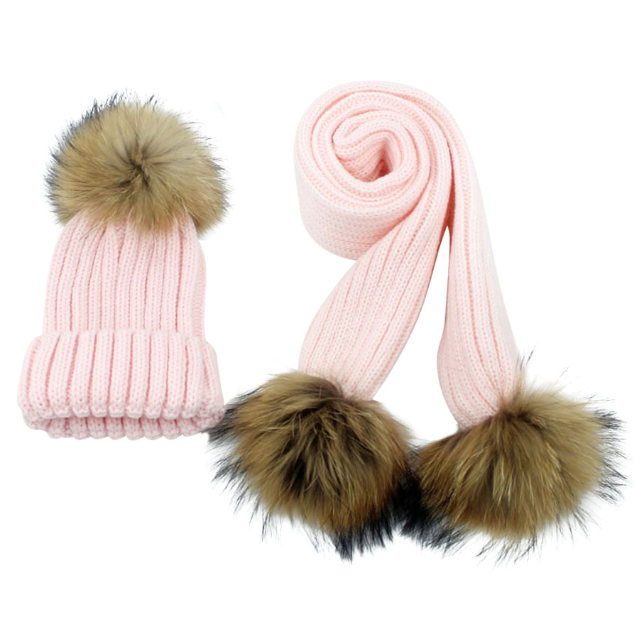 Kinderen gebreide Sjaal en Hoed Set Luxe Winter Warm Gehaakte Mutsen en sjaals met Echt bont pom Beanie Hoed voor jongens en meisjes