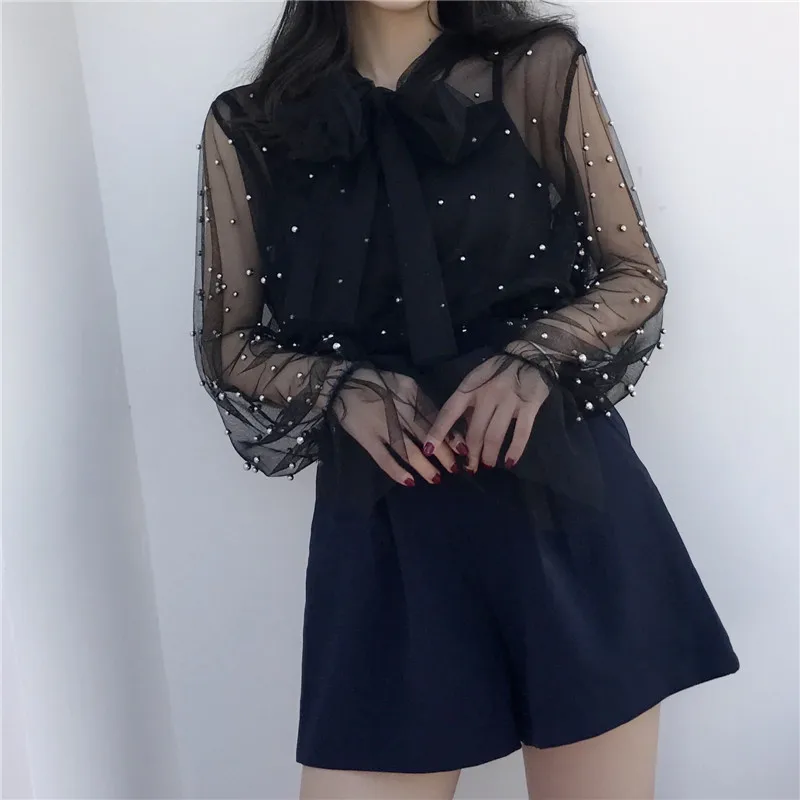 투피스 여성 메쉬 블라우스 솔리드 캐주얼 타이 보우 레이스 셔츠, 여성 구슬 긴 소매 블라우스 보터밍 셔츠 + 탱크 탑 AB799