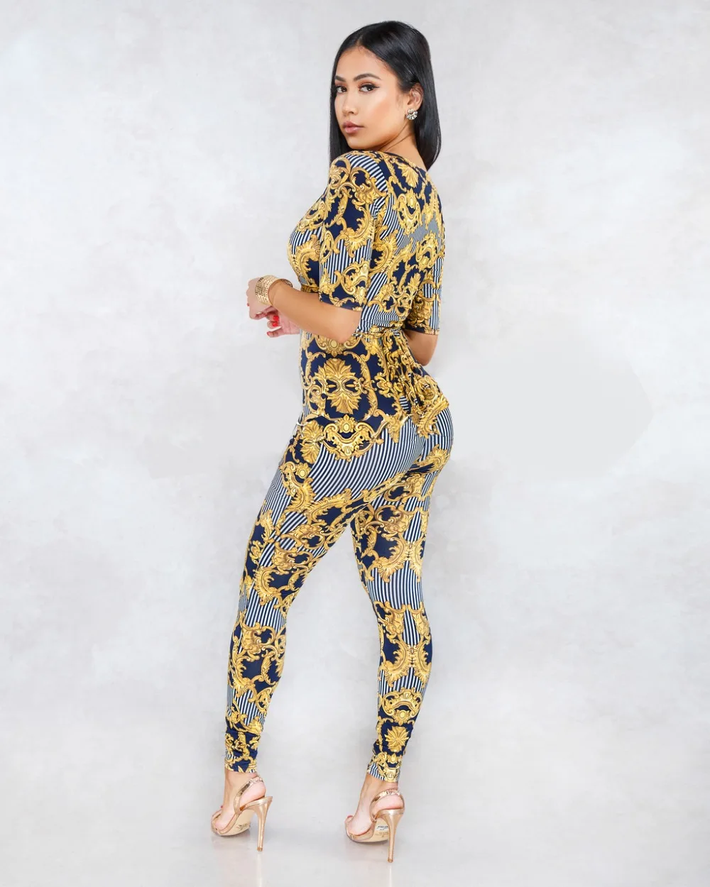 Golden Floral Print Deep V 넥 점프 슈트 여성 캐주얼 미디 슬리브 Bodycon Rompers 점프 슈트 Boho 전체 섹시한 바디 슈트 컬드웨어