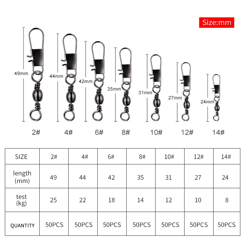 Meredith 50 unids/lote conector de pesca Pin rodamiento giratorio de acero inoxidable con señuelo para anzuelo a presión accesorio para aparejos