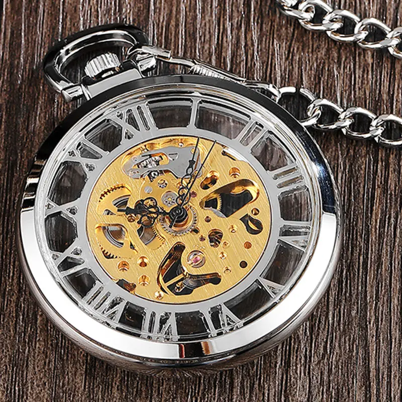 Reloj de bolsillo mecánico transparente de plata Retro con números romanos grandes, collar Steampunk, reloj Vintage con cuerda manual para hombres