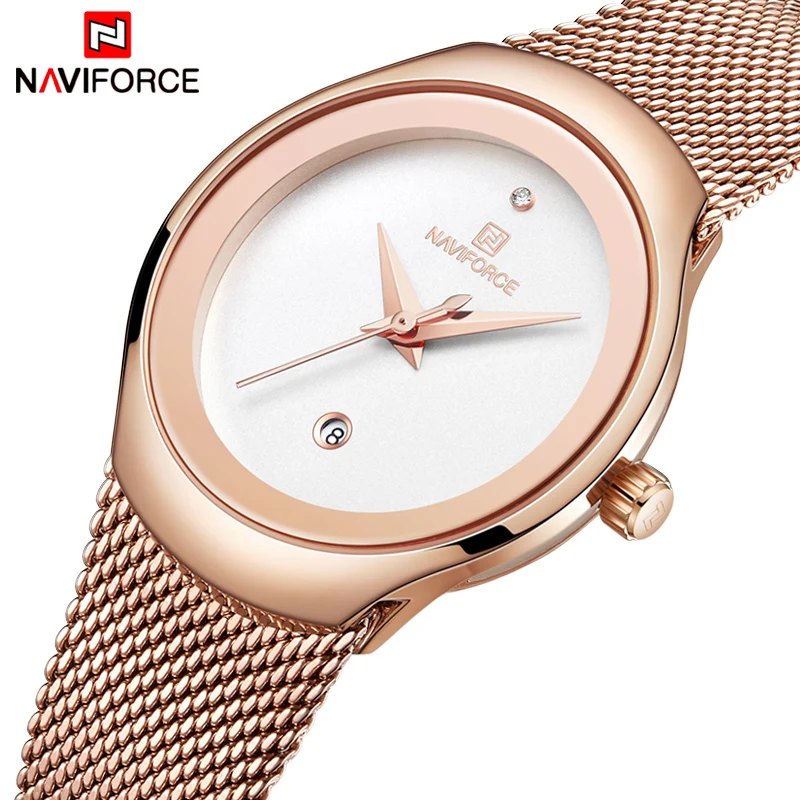 NAVIFORCE นาฬิกาผู้หญิงแฟชั่นนาฬิกาควอตซ์เลดี้สแตนเลสกันน้ํานาฬิกาข้อมือสาวนาฬิกา Relogio Feminino